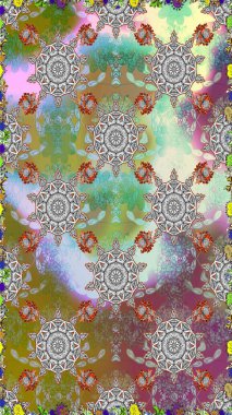 Güzel kumaş deseni. Raster illüstrasyonu. El çizimi. Çiçekler, dallar, otlar ve çiçekler.