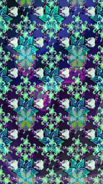 Çiçek ve yapraklı karalama şeklinde Raster çiçek deseni. Yumuşak, bahar çiçekleri mavi ve yeşil renklerde. Raster illüstrasyonu.