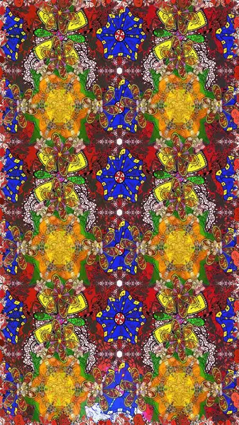 Renkli Bahar Teması eskiz kalıbı. Raster illüstrasyonu. Asya tekstil tarzında. Düz Çiçek Elementleri Tasarımı. Çiçek desenli çizim. Güzel kumaş deseni.