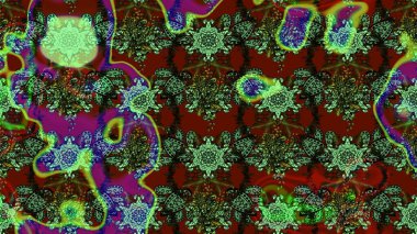 Çiçekli ipek eşarp. El çizimi çiçek unsurları olan soyut çizim raster deseni. 1950-1960 motifleri. Retro tekstil tasarım koleksiyonu. Yeşil yeşile.