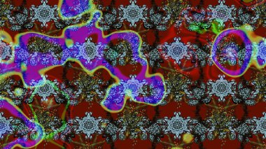 Çiçekli ipek eşarp. El çizimi çiçek unsurları olan soyut çizim raster deseni. 1950-1960 motifleri. Retro tekstil tasarım koleksiyonu. Kırmızıda kırmızı.