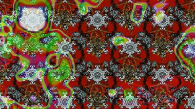 Çiçekler. Soyut etnik raster çizim kalıbı. Vadinin çiçekleri kırmızı renklerde.