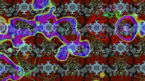 Çiçekli ipek eşarp. El çizimi çiçek unsurları olan soyut çizim raster deseni. 1950-1960 motifleri. Retro tekstil tasarım koleksiyonu. Kırmızıda kırmızı.