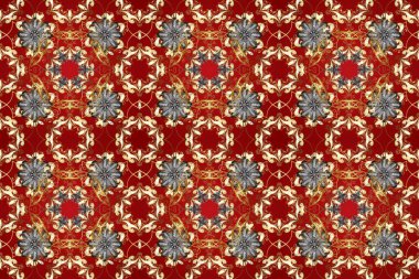 Sembol bayramı, yeni yıl kutlamaları, altın desenler. Kış kar dokusu duvar kağıdı. Kahverengi, kırmızı ve bej renklerde altın kar taneleri. Noel altın kar taneleri kusursuz desen.