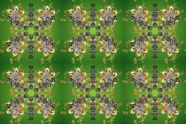 Duvar kâğıdı için altın süslü bir illüstrasyon. Doğu tarzında klasik tasarım öğesi. Gri, yeşil ve kahverengi renkli Arap dekoru. Çiçekli süslemeli, pürüzsüz bir desen. Süslü dantel iz sürücü.