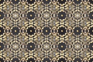 Gri, bej, kahverengi ve altın desenli. Klasik raster şablonu. Tekrarlayan ögelerle kusursuz soyut arkaplan.