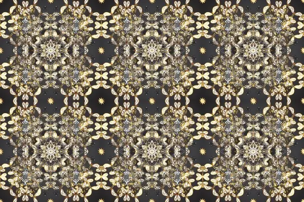 Gri, bej, kahverengi ve altın desenli. Klasik raster şablonu. Tekrarlayan ögelerle kusursuz soyut arkaplan.