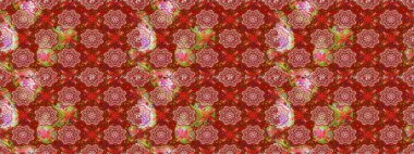 Kırmızı renklerde Asya tekstili. Raster illüstrasyonu. Çiçeklerle suluboya desenleri.
