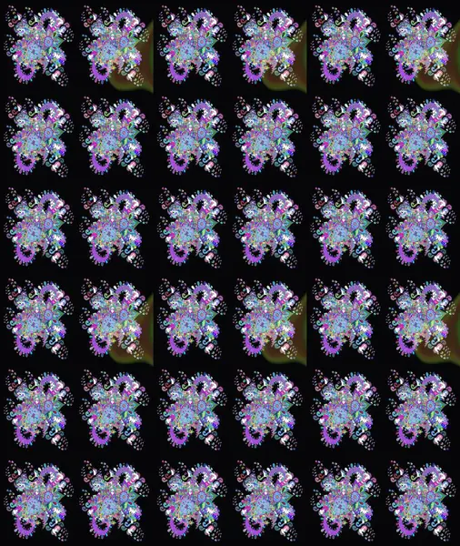 Raster Floral Illustration, Asyalı tekstil. Siyah renkli etnik çiçeklerle zarif eskiz deseni.