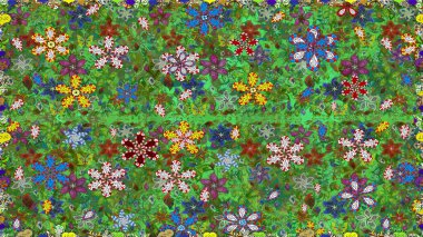 Çiçekli karalama şeklinde Raster çiçek deseni. Nazik, narin çiçek arkaplanı. Yeşil ve kahverengi renkte çiçekler.