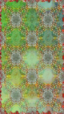 Çiçeksiz desenli arka plan, darbeler, sıçramalar, yaz çiçekleri. Raster illüstrasyonu. Yeşil ve nötr renkte çiçekler.