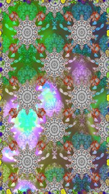 Renkli Bahar Temalı Kusursuz Arkaplan. Zentangle soyut çiçekleri. Güzel kumaş deseni. Raster illüstrasyonu. Karalama çiçeği. Düz Çiçek Elementleri Tasarımı.