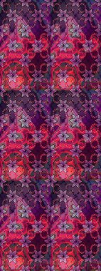 Parlak renkli çiçekleri ve mor ve kahverengi renkte yaprakları olan harika bir çiçek deseni. Moda baskıları için zarif bir şablon. Halk tarzı. Modern çiçek arkaplanı.