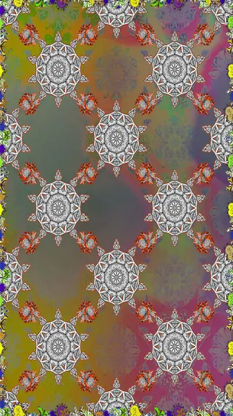 Parlak renkli çiçekleri ve gri ve kahverengi renkte yaprakları olan şaşırtıcı, pürüzsüz çiçek deseni. Halk tarzı. Moda baskıları için zarif bir şablon. Modern çiçek arkaplanı.