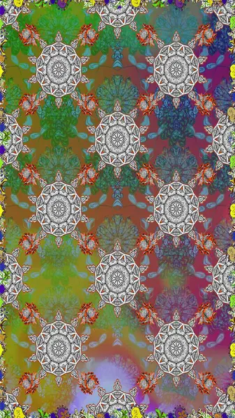 Sınır Kızılderili çiçekli paisley patten. Raster Henna tarzı. Kusursuz süs izi. Tebrik kartı geçmişi, boyama kitabı, arkaplan ve tekstil için kullanılabilir. Etnik Mandala havlusu.