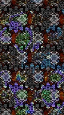 Renkli Bahar Teması eskiz kalıbı. Düz Çiçek Elementleri Tasarımı. Raster Modaya uygun kumaş deseni. Siyah renkli şirin çiçek deseni.