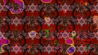 Renkli desenli eskiz deseni, kahverengi çiçekler ve dekoratif elementlerle. Eskiz geçmişi. Raster illüstrasyonu. Kumaş, tekstil, duvar kağıdı baskısı için. Antika retro tarzı.