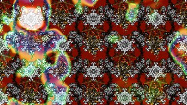 Çok renkli, zarif küçük çiçekler ve gri renkli komik böcekler, raster desen, illüstrasyon.