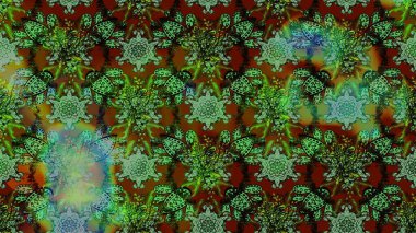 Çiçekli ipek eşarp. El çizimi çiçek unsurları olan soyut çizim raster deseni. 1950-1960 motifleri. Retro tekstil tasarım koleksiyonu. Yeşil yeşile.