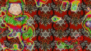 Çiçek desenli çizim. Raster illüstrasyonu. Asya tekstil tarzında. Kırmızı renkte çiçekler. Raster illüstrasyonu.