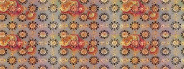 Çok renkli ve bej renkli küçük çiçekler ve gri ve bej renkli komik böcekler, raster desen, illüstrasyon.