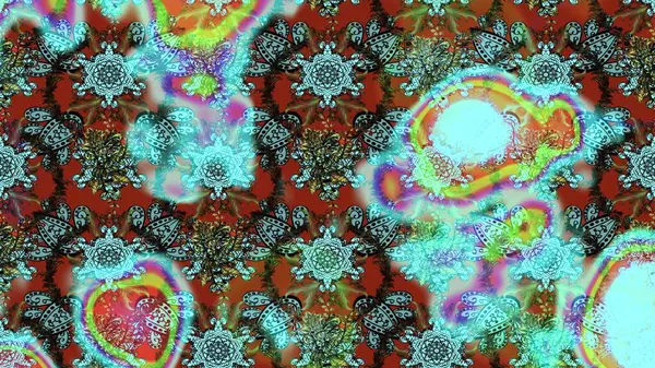 Parlak renkli çiçekleri ve mavi yaprakları olan harika bir çiçek deseni. Moda baskıları için zarif bir şablon. Modern çiçek arkaplanı. Halk stili.