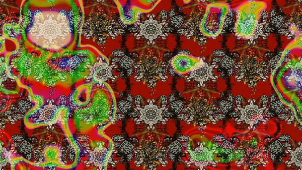 Çiçek desenli çizim. Raster illüstrasyonu. Asya tekstil tarzında. Kırmızı renkte çiçekler. Raster illüstrasyonu.