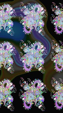 Siyah renkler ve parlak çiçekler üzerine soyut çizim deseni. Çiçeksel elementlerle süslenmiş zarif raster dokusu. Küçük çiçekte şirin bir çiçek deseni var..