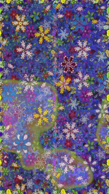 Menekşe ve mavi arka planda. El çizimi çiçekli, pürüzsüz bir desen. Çocuksu tasarım. Tekstil, kumaş, ambalaj, hatıra defteri için güzel çiçek arkaplanı..