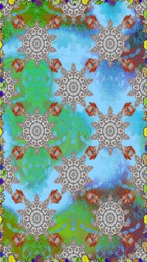 Renkli Bahar Temalı Kusursuz Arkaplan. Düz Çiçek Elementleri Tasarımı. Mavi renkli çiçekler. Raster illüstrasyonunda kusursuz çiçek deseni.