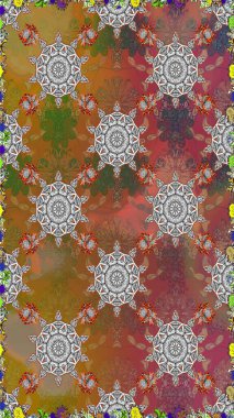 Raster illüstrasyonu. Miles Fleur, süslü püslü bir süs. Kusursuz bir geçmişi var. Kumaş, tekstil, duvar kağıdı baskısı için. Tomurcukları papatya çiçekleri olan sevimli bir çiçek deseni. Antika retro tarzı.