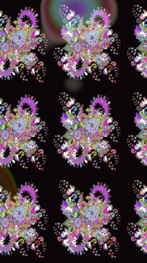 Raster illüstrasyonu. Siyah renkli çiçekler. Çiçek desenli çizim. Asya tekstil tarzında. Raster illüstrasyonu.