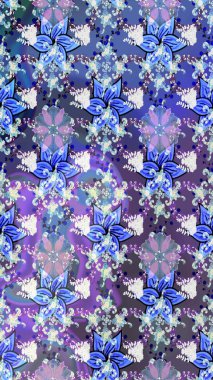 Raster illüstrasyonu. Raster illüstrasyonundaki çiçek desenli çizim. Mavi ve mor renklerde. Güzel kumaş deseni.