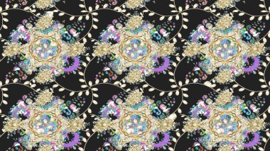 Gri renkli etnik çiçekli zarif eskiz deseni. Raster Çiçek İllüstrasyonu güzel tekstil..