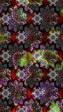 Arkaplan dokusu, duvar kağıdı, çiçek temalı siyah renkler. Soyut etnik raster çizim kalıbı. Kabile sanatı boho baskısı, klasik çiçek arkaplanı.