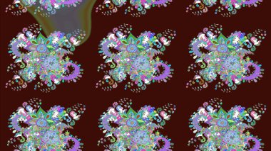 Raster illüstrasyonu. Patlayan çiçekler soyut olarak yerleştirilmiş. Kahverengi renklerde bahar çiçekleri. Raster deseni.