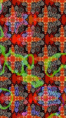 Modern çiçek arkaplanı. Moda baskıları için zarif bir şablon. Parlak renkli çiçekli ve kırmızı yapraklı harika bir çiçek deseni. Halk stili.