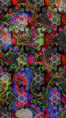 Raster çiçek desenli çiçek deseni, yapraklar, dekoratif elementler, sıçrama, lekeler, el çizimi kontur çizgileri ve Doodle çizim stili, grafik raster çizim çizimi.