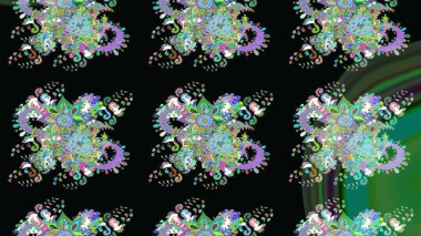 Raster Floral Illustration, Asyalı tekstil. Siyah renkli etnik çiçeklerle zarif eskiz deseni.