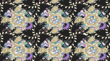 Gri renkli etnik çiçekli zarif eskiz deseni. Raster Çiçek İllüstrasyonu güzel tekstil..