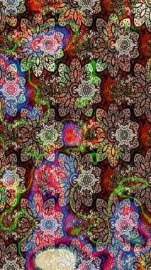 Raster illüstrasyonu. Şirin çiçekli eskiz deseni ve kahverengi renkli yapraklar, suluboya çiçek deseni, duvar kağıdı, kart veya kumaş için fayanslı.