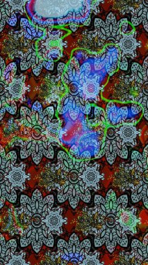 Raster illüstrasyonu. Mavi renkli Asya tekstili. Suluboya çiçekli çiçek deseni.