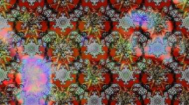 Çiçeksel fantezi tasarımı ve parlak bir arka plan çizimi. Renkli Bahar Teması eskiz kalıbı. Düz Çiçek Elementleri Tasarımı.