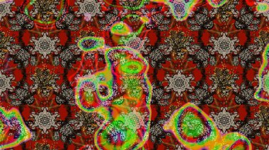 Suluboya elle çizilmiş çiçek desenli eskiz deseni. Parlak renkli fantezi çiçekleri, yapraklar, kahverengi renkli tomurcuklar, kahverengi.