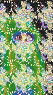 Yeşil renkli bitkilerden oluşan parlak çiçekli çizim deseni.