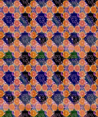 Turuncu ve mavi renkli çiçekler. Asya tekstil tarzında. Raster illüstrasyonu. Raster illüstrasyonu. Kusursuz çiçek deseni.