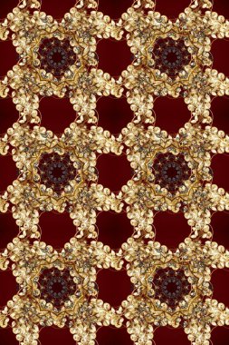 Barok tarzında duvar kağıdı tasarımı için kusursuz damaske deseni arkaplanı. Kahverengi, bej ve kırmızı renklerde altın desenli altın elementler. Süslü raster dekorasyonu.