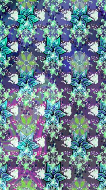 Raster illüstrasyonundaki çiçek desenli çizim. Mavi ve nötr renkte çiçekler.