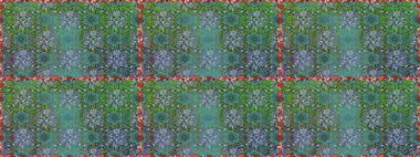 Oldukça eski bir besin torbası deseni, küçük yeşil renkte, çiçekler. Millefleur 'lar. Tekstil, kumaş, kapaklar, duvar kağıtları, baskı, naylon, yapıştırma, örgü, dekupaj için çiçeksiz arkaplan.