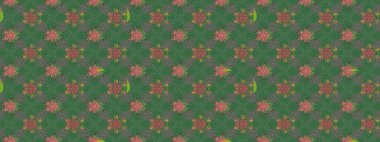 Çiçek süslemeli çizim deseni. Raster illüstrasyonu. Yeşil ve gri renkte çiçekler.